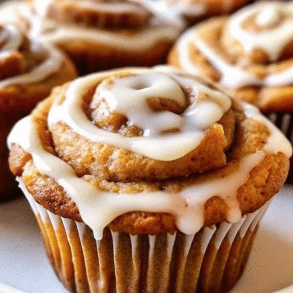 Pumpkin Cinnamon Roll Muffins 4 Golden brown pumpkin muffins with visible cinnamon swirl ribbons running through the center, topped with creamy white cream cheese glaze drizzle