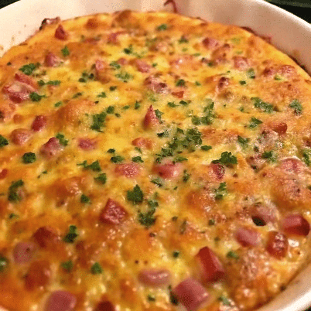 A golden-brown Farmer's Casserole in a white baking dish, showing layers of hash browns, melted cheese, ham, and set custard with green onions visible throughout