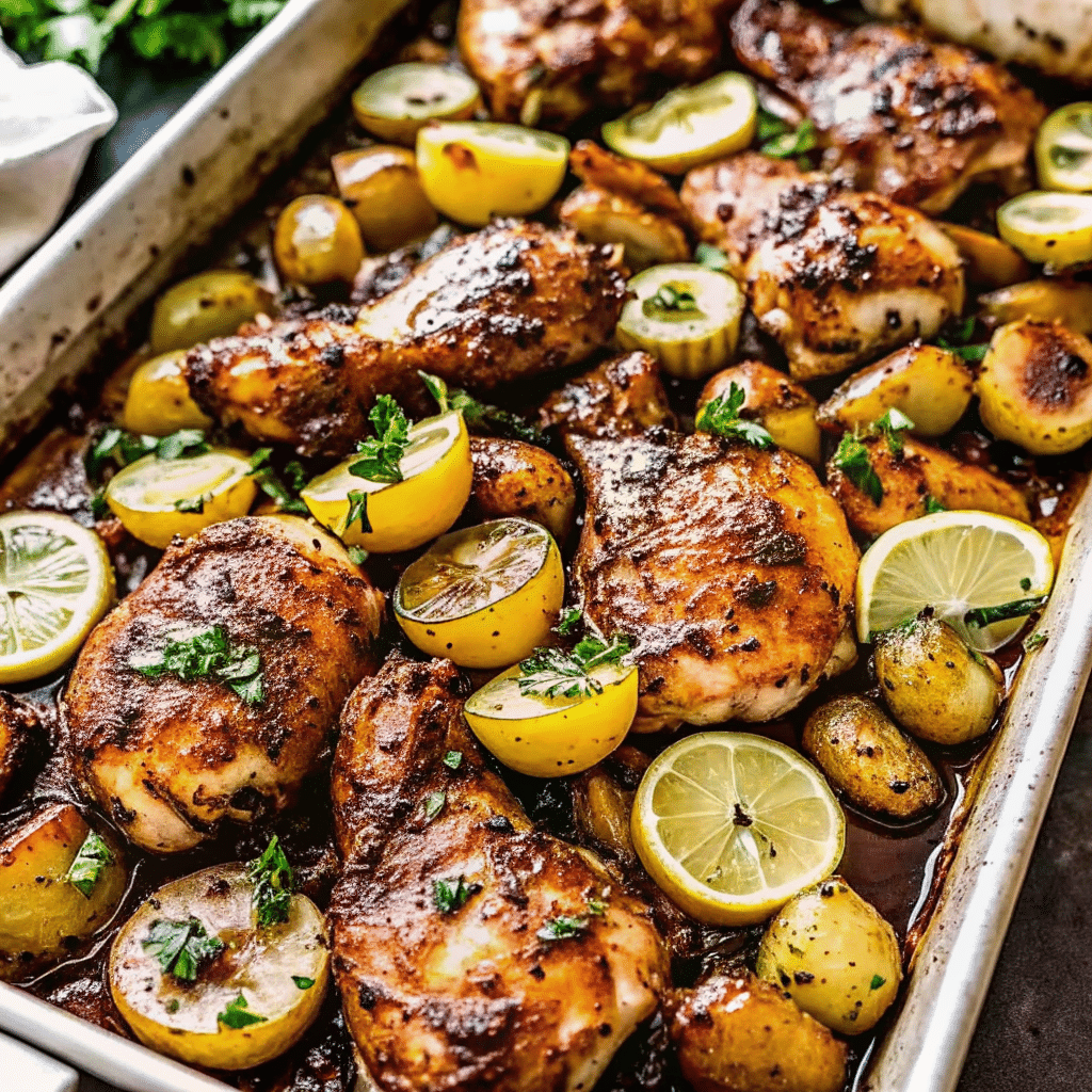 Sheet pan filled with golden roasted chicken pieces and crispy baby potatoes topped with fresh herbs, green olives, and sesame seeds, served with creamy feta-tzatziki sauce on the side