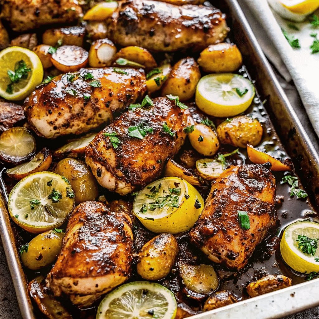 Sheet pan filled with golden roasted chicken pieces and crispy baby potatoes topped with fresh herbs, green olives, and sesame seeds, served with creamy feta-tzatziki sauce on the side