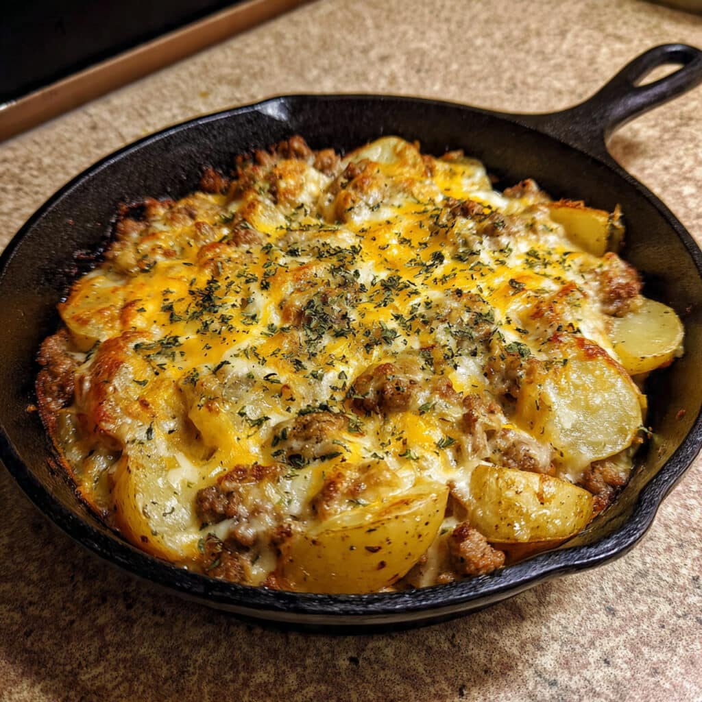 One pan cheesy meat and potato skillet with melted cheddar cheese, browned ground beef, crispy potatoes, and colorful bell peppers in a large cast iron skillet