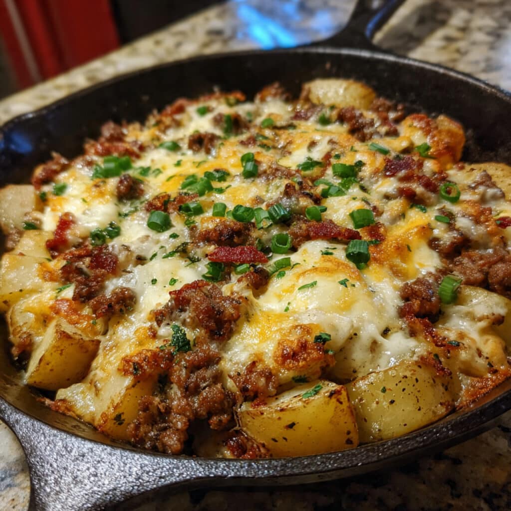 One pan cheesy meat and potato skillet with melted cheddar cheese, browned ground beef, crispy potatoes, and colorful bell peppers in a large cast iron skillet