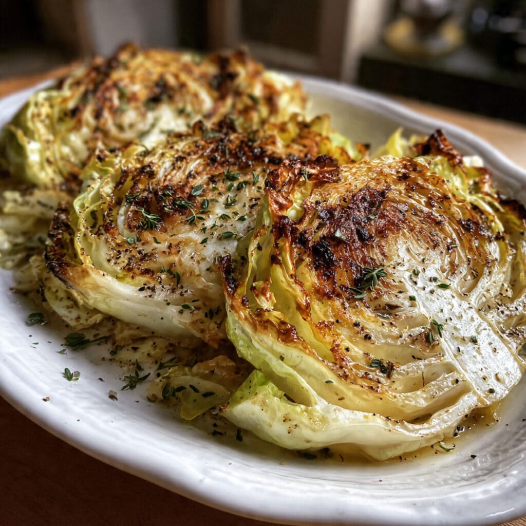 Golden brown Oven roasted cabbage steaks on a white plate, garnished with fresh parsley and grated Parmesan cheese, showing crispy caramelized edges and tender layers