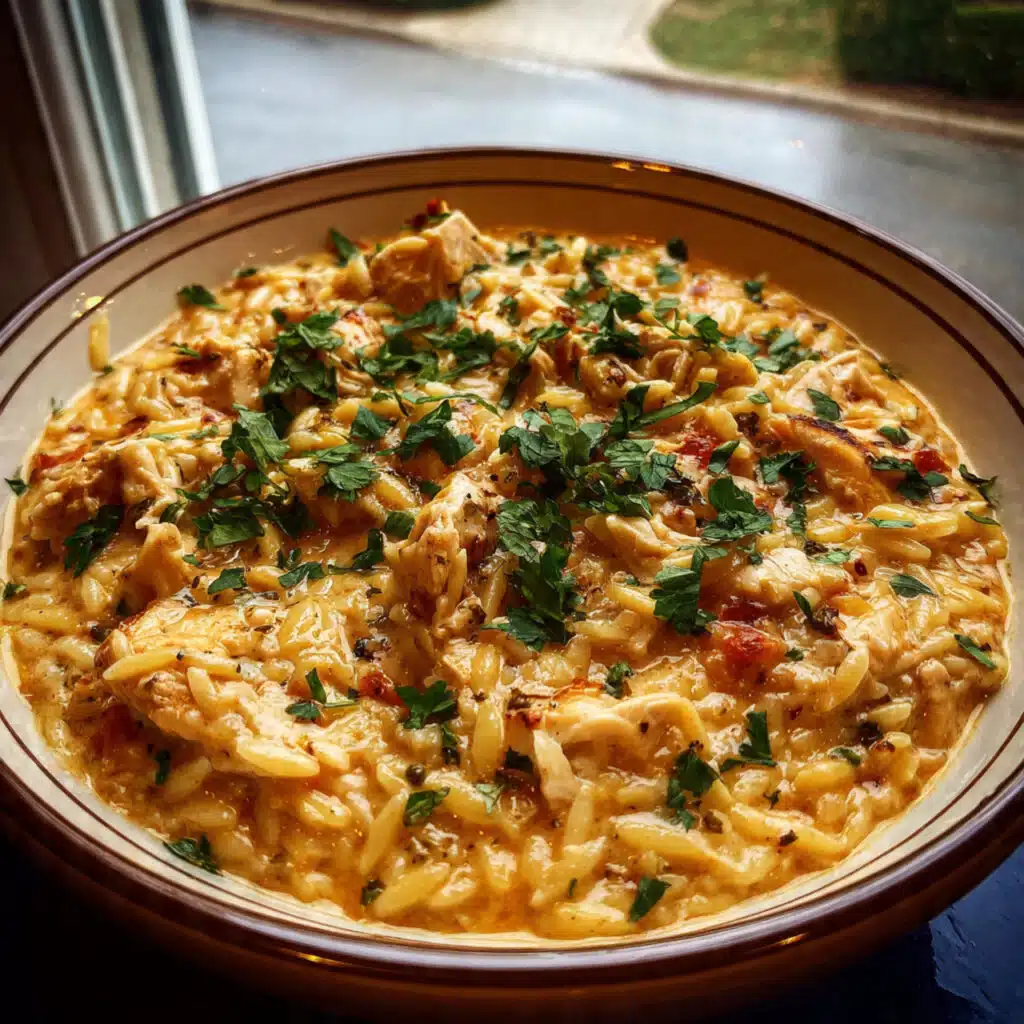Marry Me Chicken Orzo 5 Creamy Marry Me Chicken Orzo in a large skillet with tender chicken pieces, sun-dried tomatoes, wilted spinach, and orzo pasta coated in a rich parmesan cream sauce