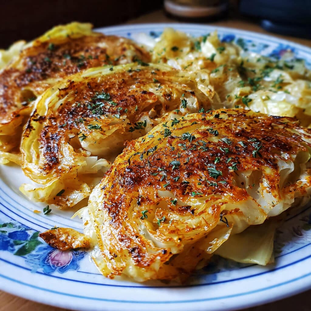 Golden brown Oven roasted cabbage steaks on a white plate, garnished with fresh parsley and grated Parmesan cheese, showing crispy caramelized edges and tender layers