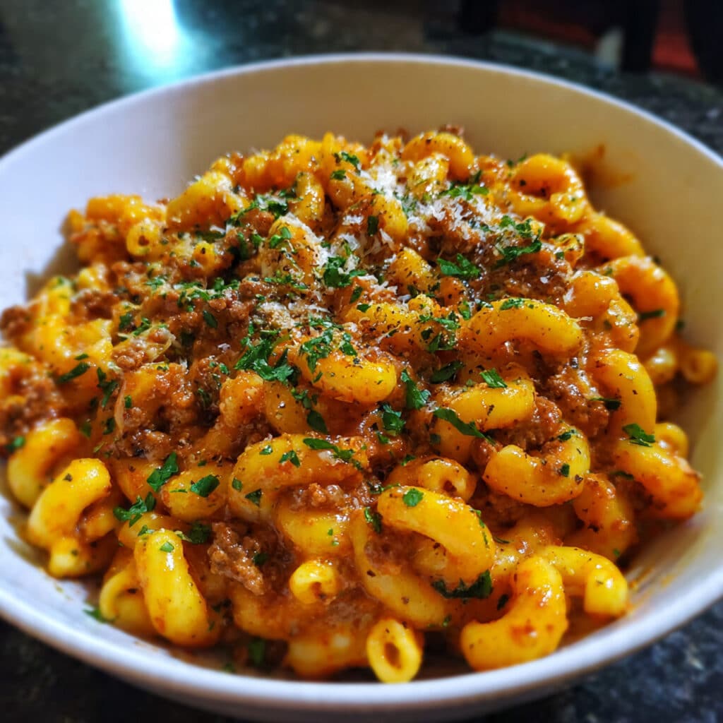 Creamy homemade hamburger helper in a large skillet with melted cheddar cheese and elbow macaroni pasta with ground beef