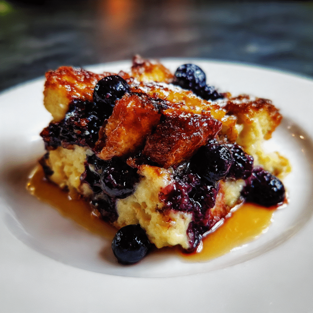 Blueberry french toast casserole in baking dish with streusel topping