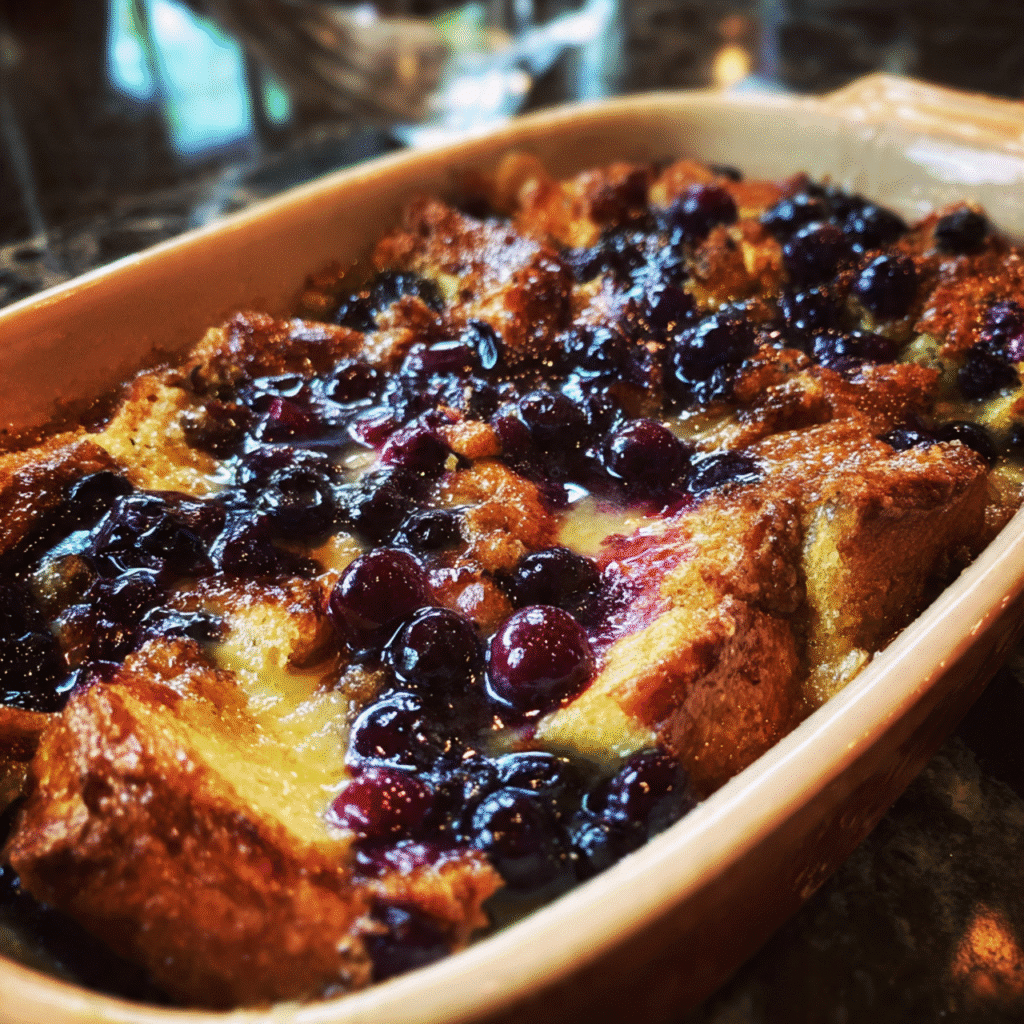 Blueberry french toast casserole in baking dish with streusel topping