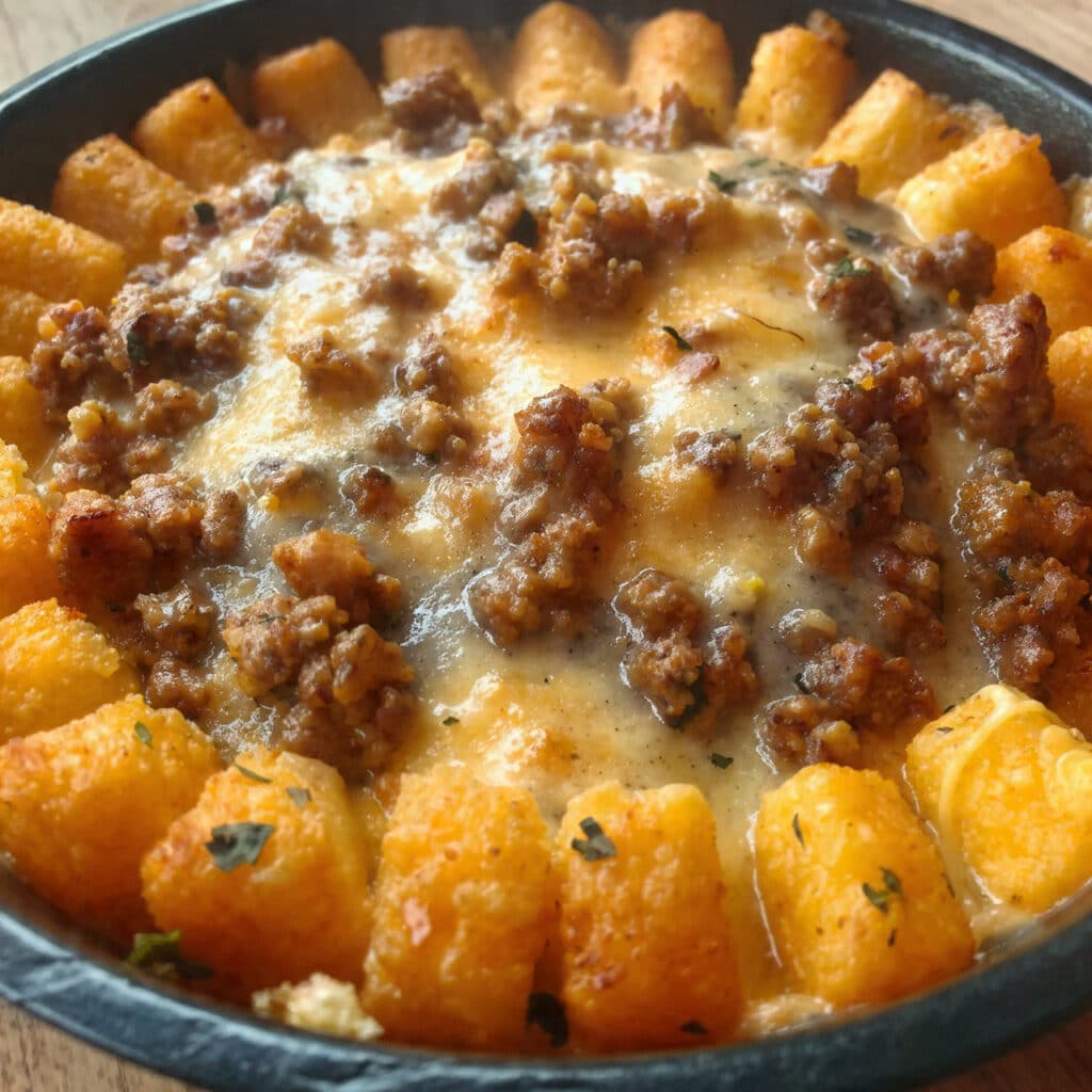 Golden brown tater tot breakfast casserole in a 9x13 baking dish with crispy tater tots on top, melted cheese, and savory breakfast sausage visible throughout