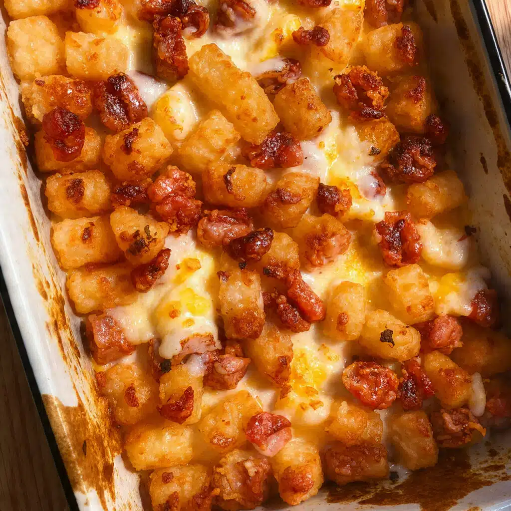 Tater Tot Sausage Breakfast Casserole 8 Golden brown tater tot breakfast casserole in a 9x13 baking dish with crispy tater tots on top, melted cheese, and savory breakfast sausage visible throughout