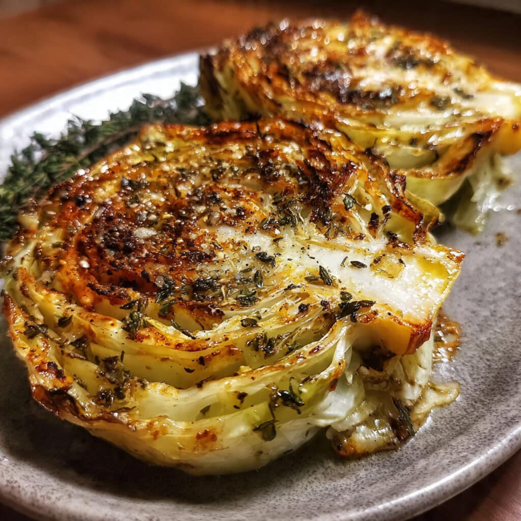 Golden brown Oven roasted cabbage steaks on a white plate, garnished with fresh parsley and grated Parmesan cheese, showing crispy caramelized edges and tender layers