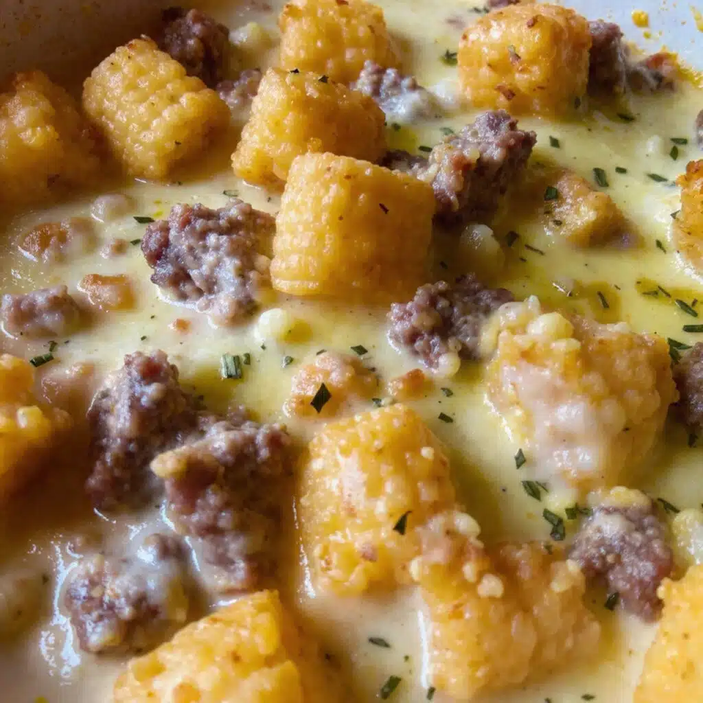 Tater Tot Sausage Breakfast Casserole 7 Golden brown tater tot breakfast casserole in a 9x13 baking dish with crispy tater tots on top, melted cheese, and savory breakfast sausage visible throughout