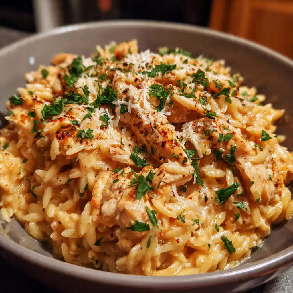 Marry Me Chicken Orzo 8 Creamy Marry Me Chicken Orzo in a large skillet with tender chicken pieces, sun-dried tomatoes, wilted spinach, and orzo pasta coated in a rich parmesan cream sauce