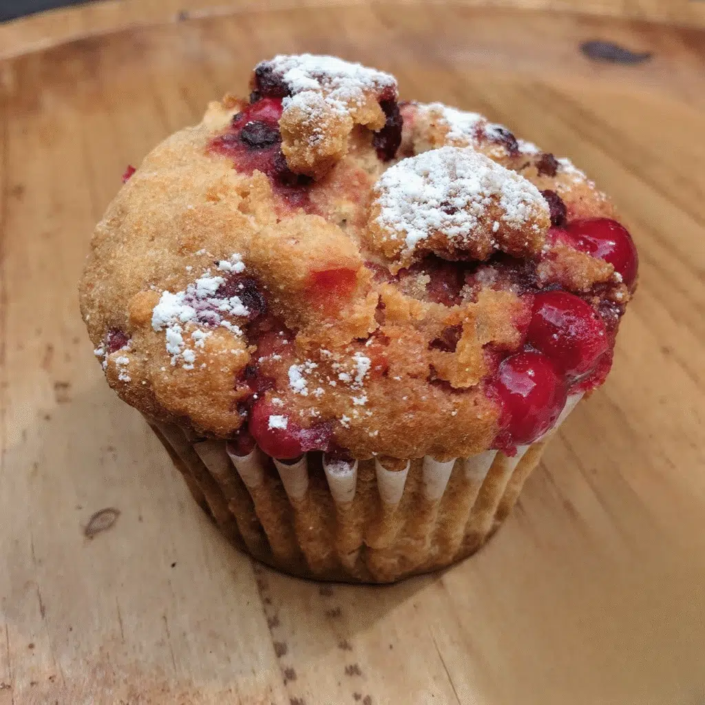 Leftover Cranberry Sauce Coffee Cake Muffins topped with cinnamon crumb streusel and dotted with cranberry sauce, displayed on a white serving plate with fresh cranberries scattered around