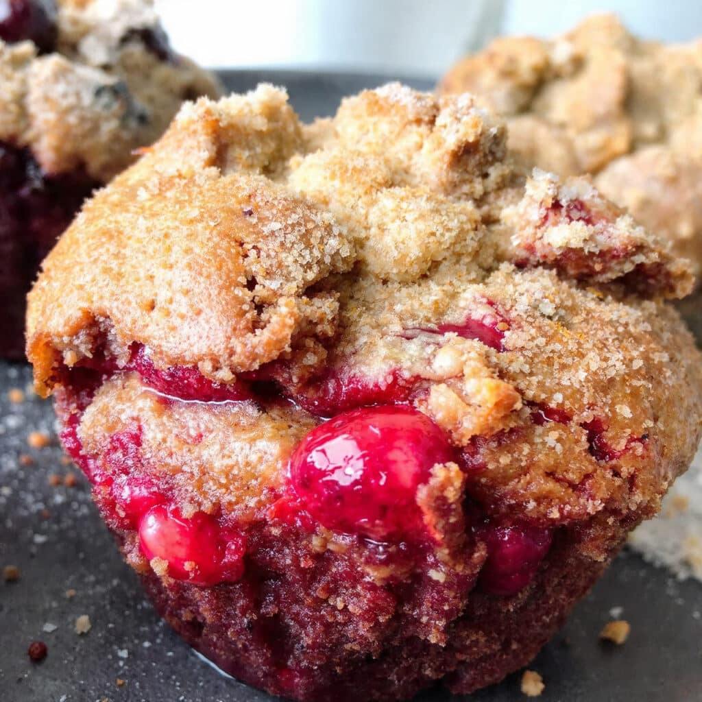 Leftover Cranberry Sauce Coffee Cake Muffins topped with cinnamon crumb streusel and dotted with cranberry sauce, displayed on a white serving plate with fresh cranberries scattered around