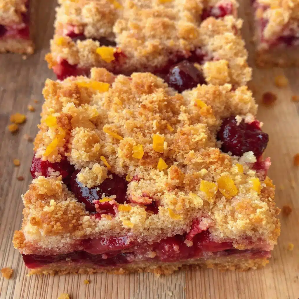 Thick square cranberry orange crumb bars with chunky golden oat topping and bright red cranberry filling visible on cut sides, three bars stacked on white plate