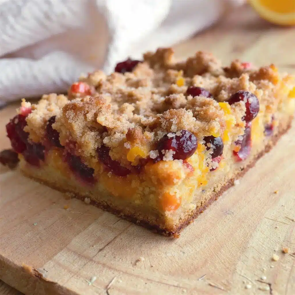 Thick square cranberry orange crumb bars with chunky golden oat topping and bright red cranberry filling visible on cut sides, three bars stacked on white plate