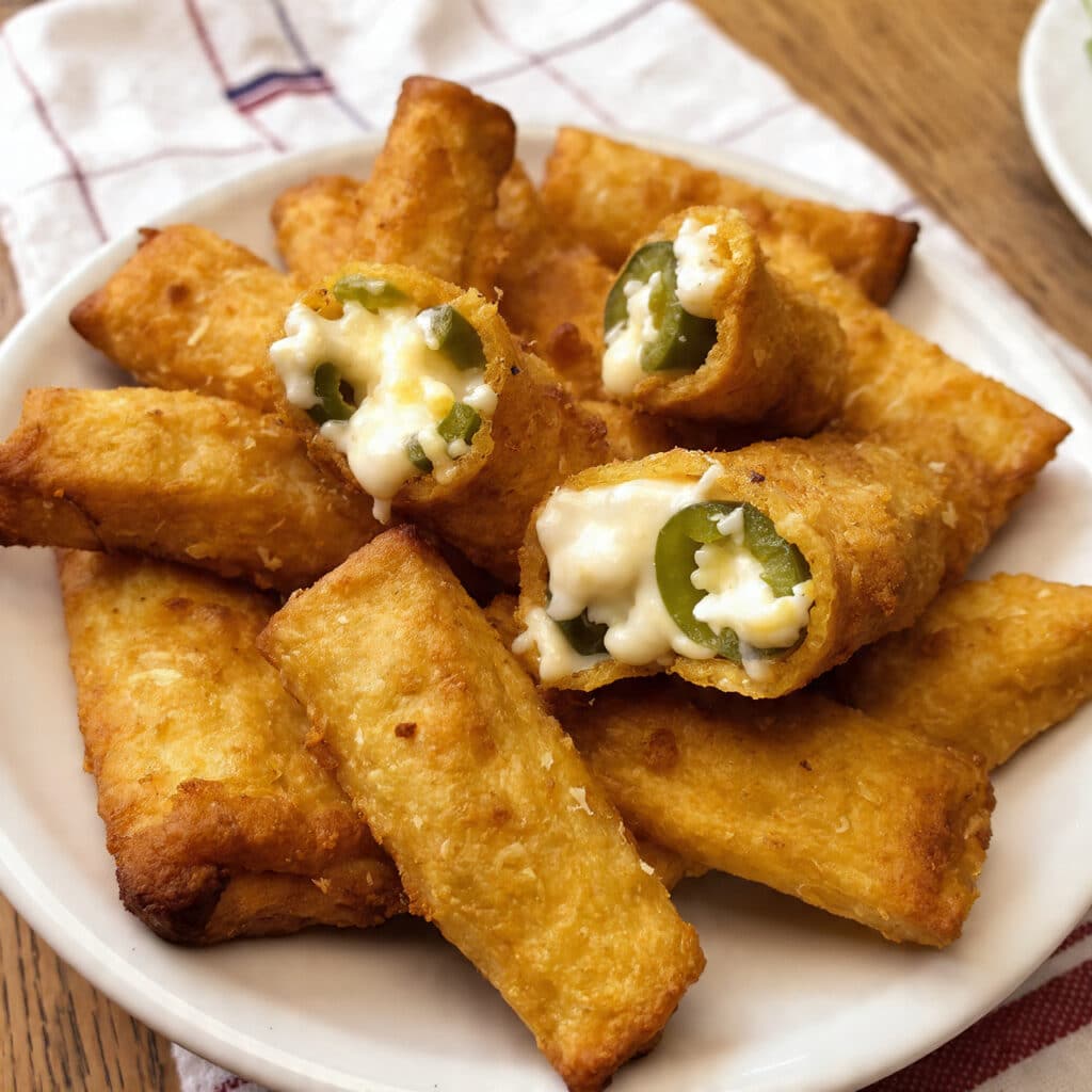 Golden-brown crispy mini jalapeño popper egg rolls arranged on a white plate with a small bowl of ranch dressing for dipping, with one egg roll cut open to show the creamy cheese and bacon filling inside.