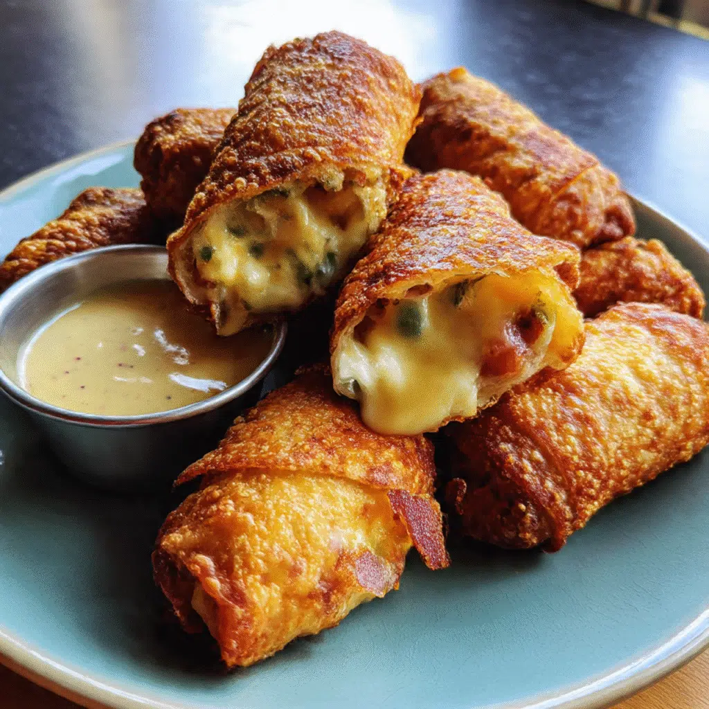 Golden-brown crispy mini jalapeño popper egg rolls arranged on a white plate with a small bowl of ranch dressing for dipping, with one egg roll cut open to show the creamy cheese and bacon filling inside.