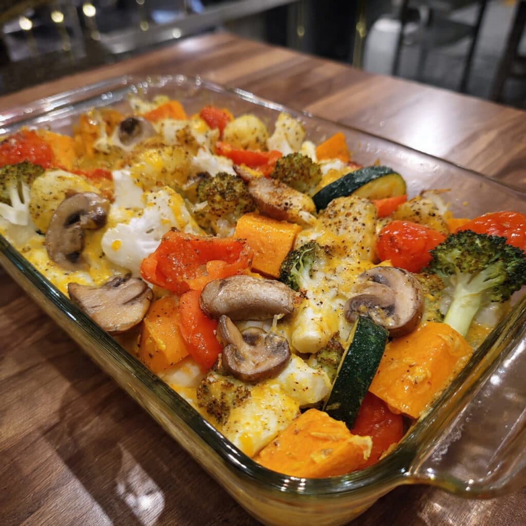 Roasted Veggie Casserole is the best way to eat vegetables! 🥕🧀 Caramelized veggies with cheese sauce - vegan or regular.
