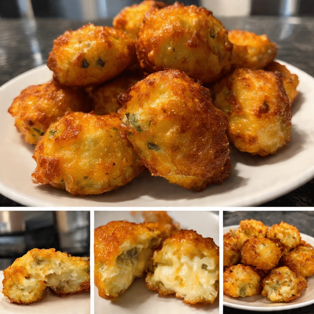 Golden brown crispy fried jalapeño cheese bites on a white plate with creamy ranch dipping sauce, showing melted cheese center