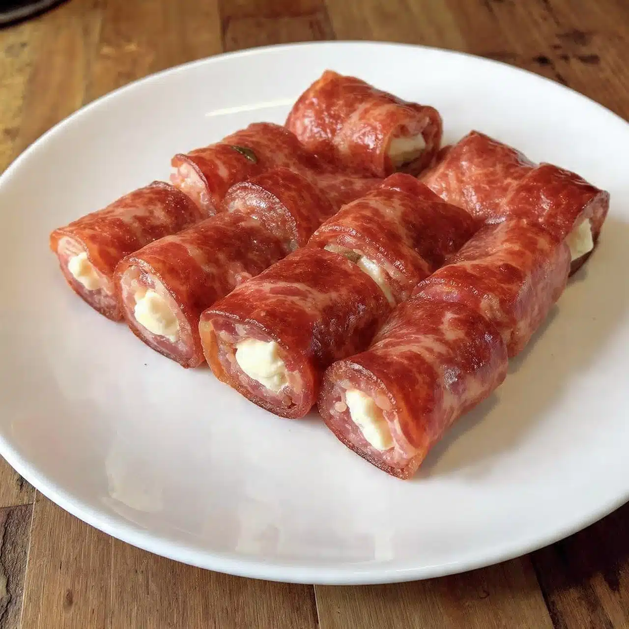 Cream cheese salami roll ups sliced into pinwheels showing spiral layers of cream cheese, deli salami, capers and fresh herbs, arranged on a white platter with crackers