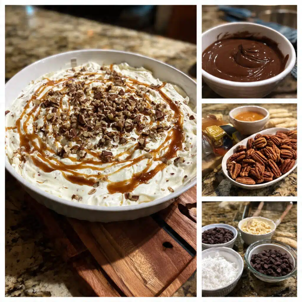 Turtle Cheesecake Dip tastes like your favorite turtle candies in dip form! Fluffy cream cheese loaded with chocolate chips and pecans, drizzled with caramel and chocolate
