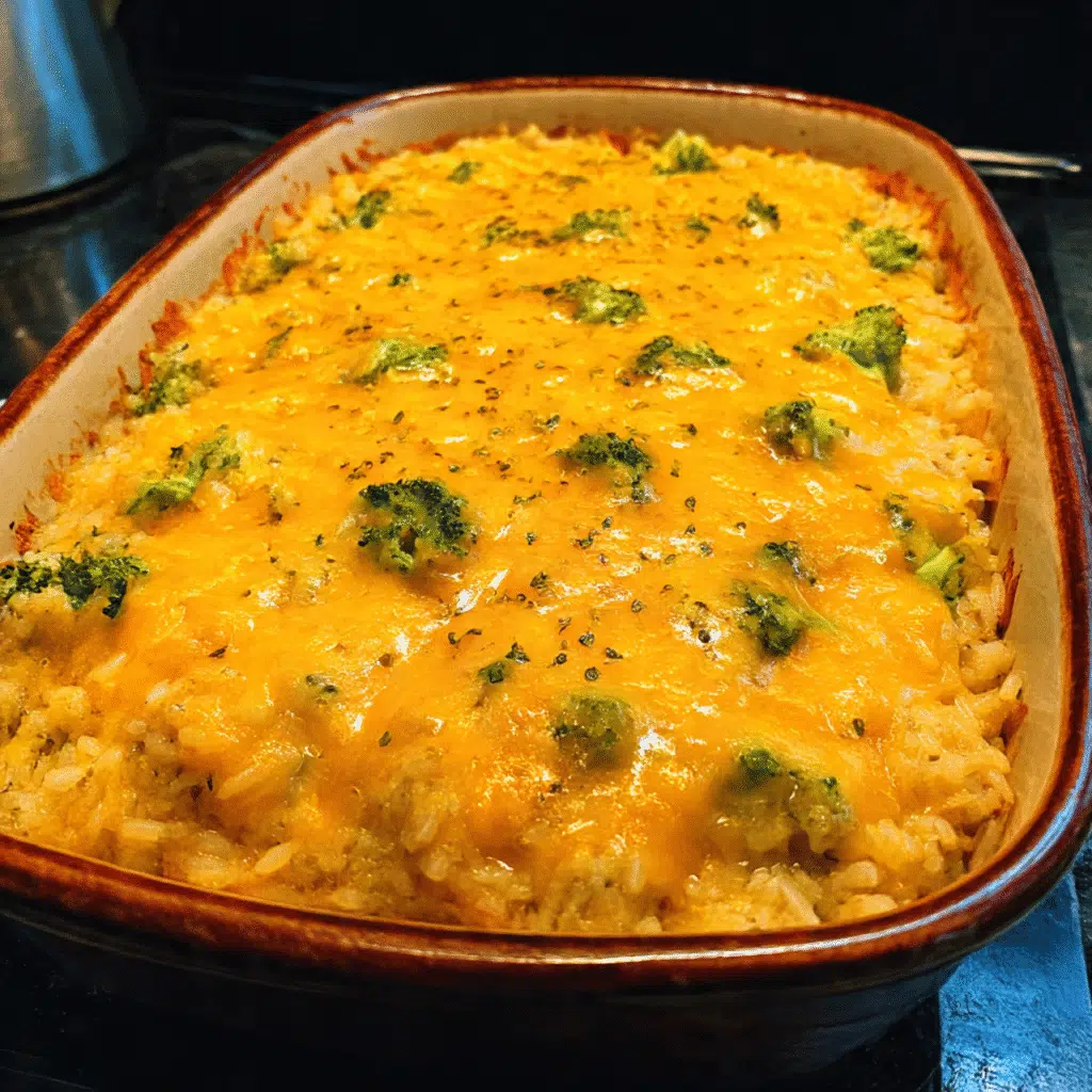 A golden-brown broccoli cheese rice casserole in a baking dish with a crispy cracker topping, showing a creamy, cheesy interior studded with green broccoli florets