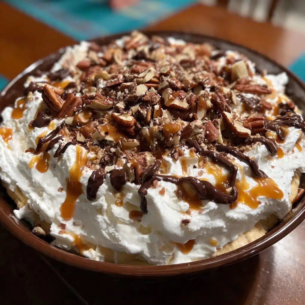 Turtle Cheesecake Dip tastes like your favorite turtle candies in dip form! Fluffy cream cheese loaded with chocolate chips and pecans, drizzled with caramel and chocolate