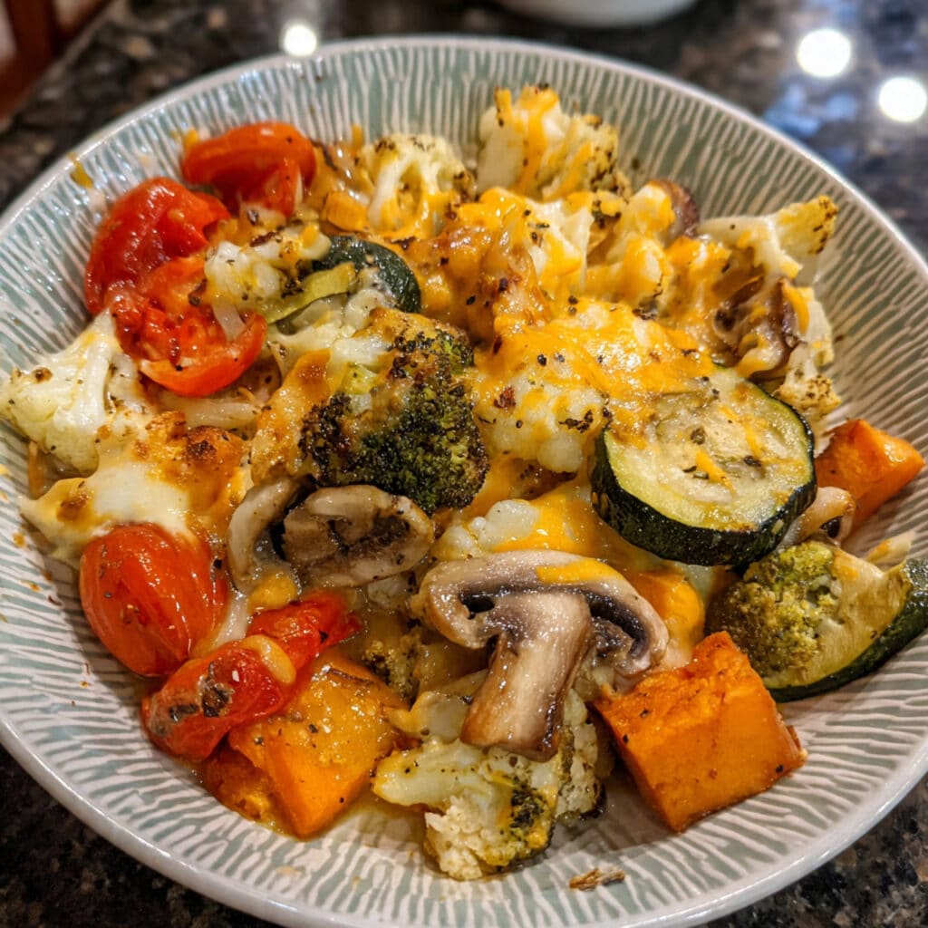 Roasted Veggie Casserole is the best way to eat vegetables! 🥕🧀 Caramelized veggies with cheese sauce - vegan or regular.