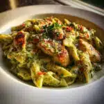 One Pot Chicken Pesto Pasta - tender chicken and penne in a creamy basil pesto sauce, all made in one skillet for easy cleanup!