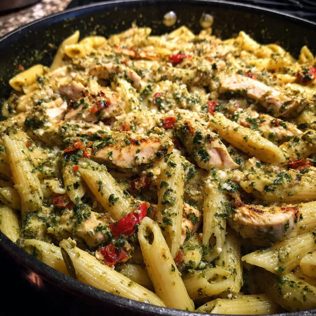 One Pot Chicken Pesto Pasta - tender chicken and penne in a creamy basil pesto sauce, all made in one skillet for easy cleanup!