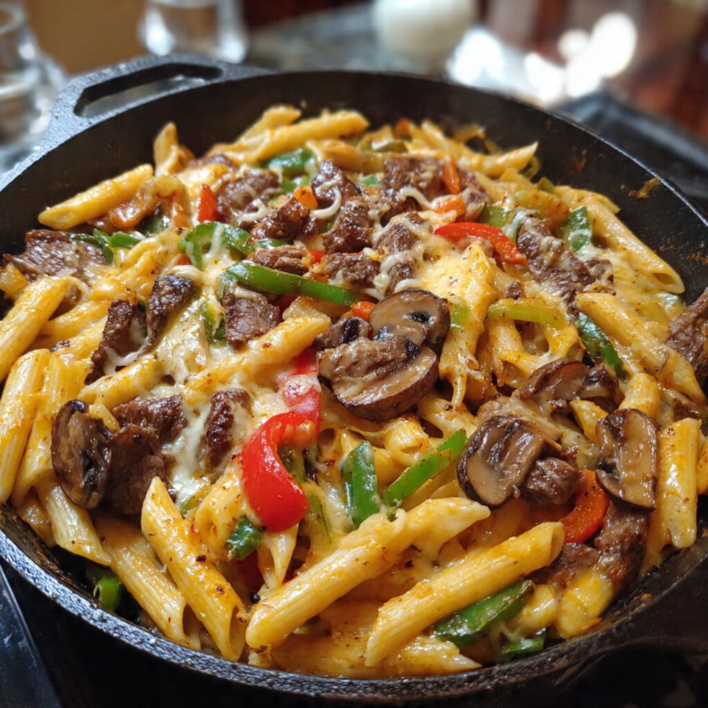 Philly Cheese Steak Pasta brings all the flavors of the iconic sandwich into one creamy, cheesy bowl! Tender beef, sweet peppers, caramelized onions, and melted provolone cheese tossed with pasta