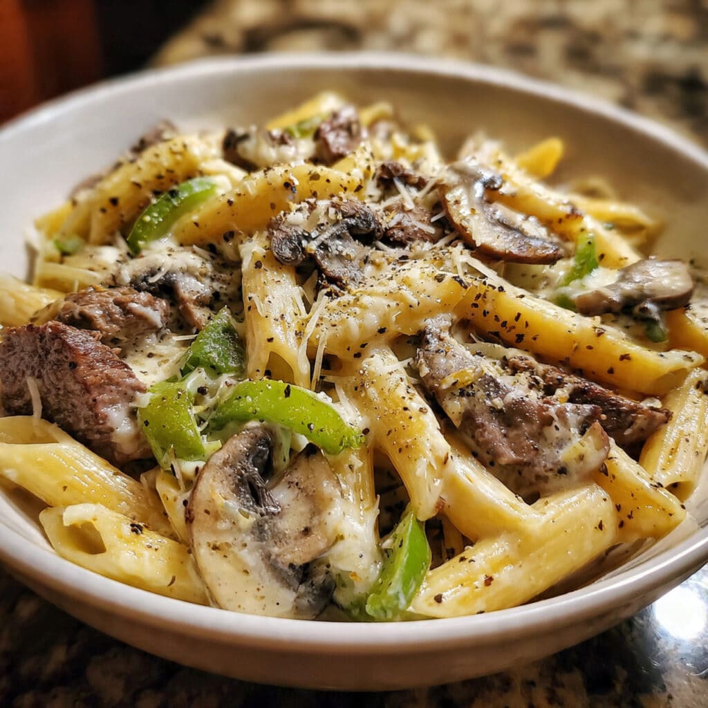 Philly Cheese Steak Pasta brings all the flavors of the iconic sandwich into one creamy, cheesy bowl! Tender beef, sweet peppers, caramelized onions, and melted provolone cheese tossed with pasta