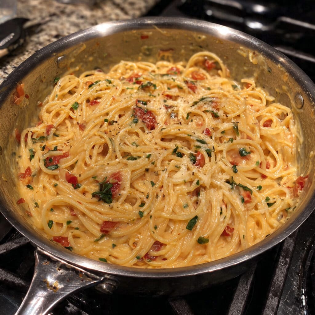 Cheesy one pot spaghetti with melted mozzarella cheese in a large black skillet on a white marble countertop with fresh basil garnish