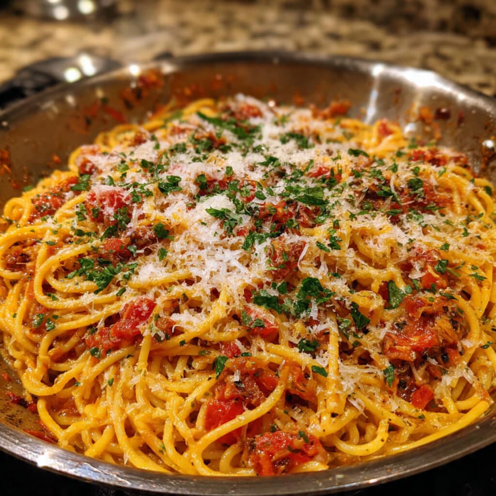 Cheesy one pot spaghetti with melted mozzarella cheese in a large black skillet on a white marble countertop with fresh basil garnish