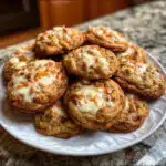 Soft carrot cake cookies topped with brown butter cream cheese frosting on a white plate