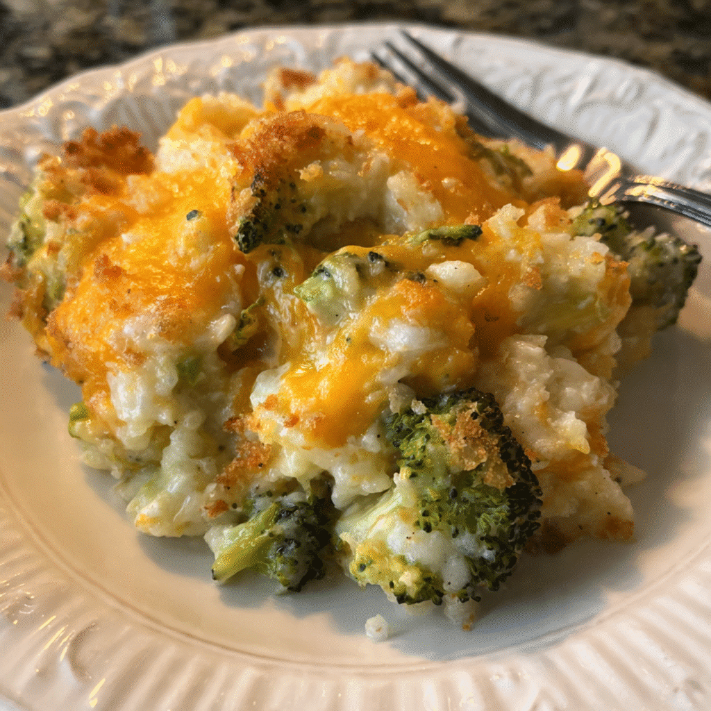 A golden-brown broccoli cheese rice casserole in a baking dish with a crispy cracker topping, showing a creamy, cheesy interior studded with green broccoli florets