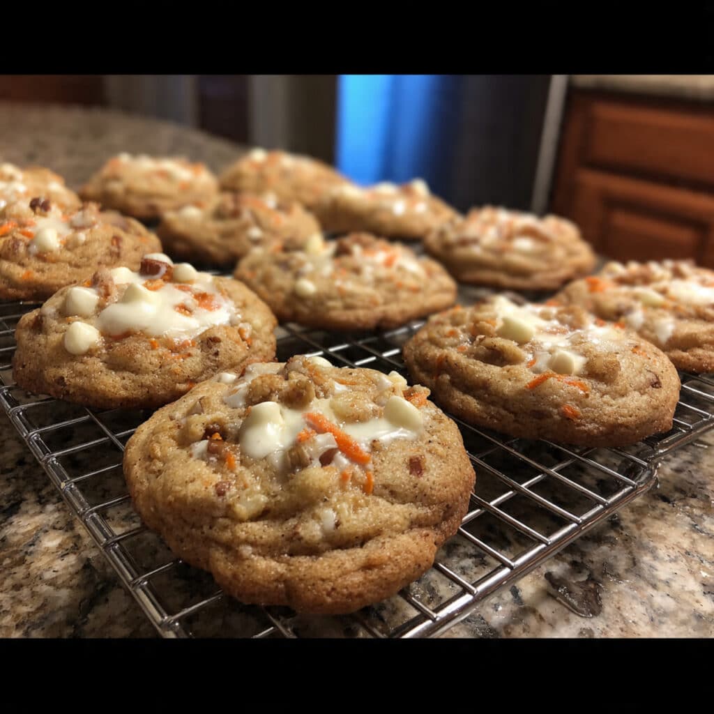 Soft carrot cake cookies topped with brown butter cream cheese frosting on a white plate