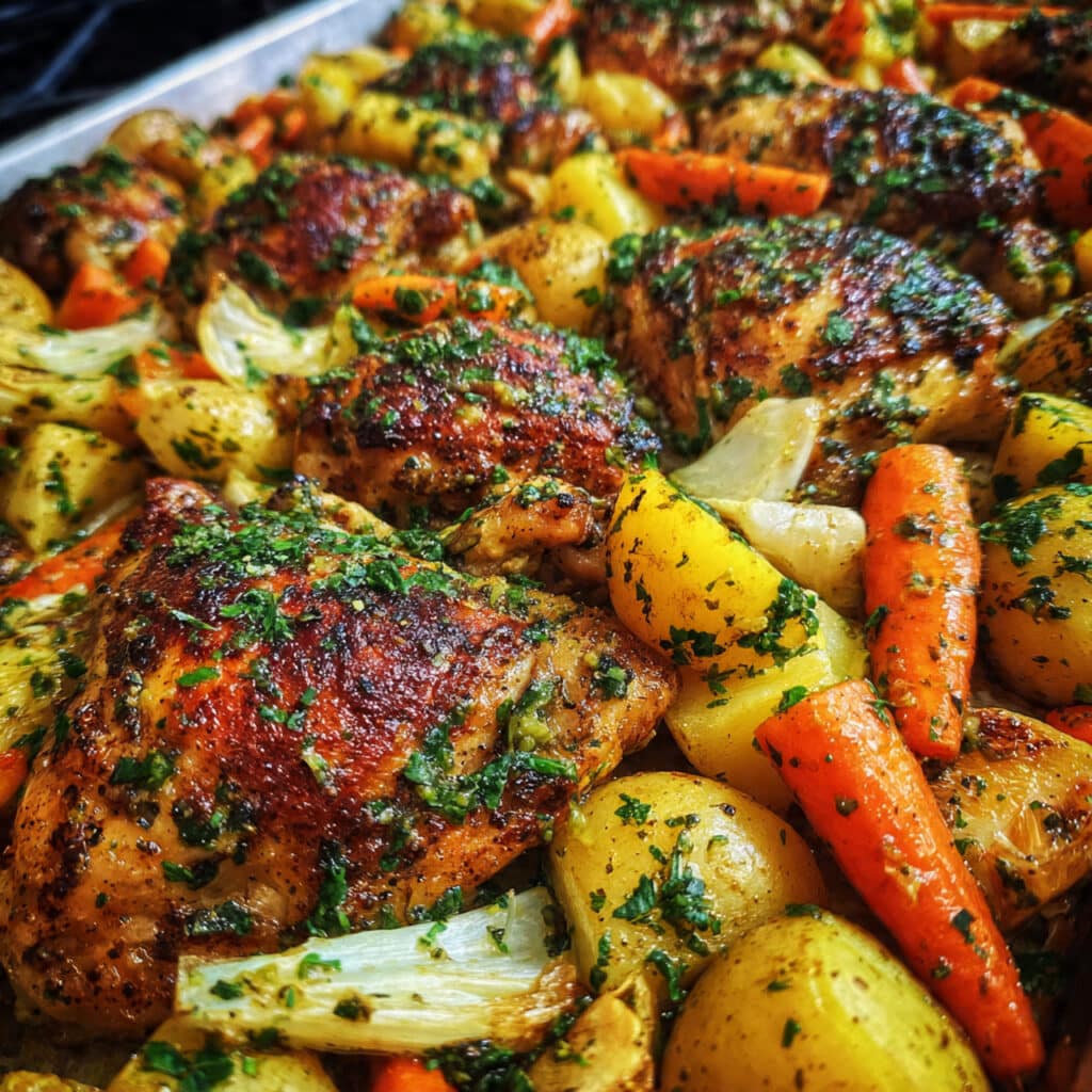 Sheet Pan Garlic Butter Chicken and Veggies – a complete one-pan dinner ready in 40 minutes with juicy chicken, crispy potatoes, and perfectly roasted vegetables
