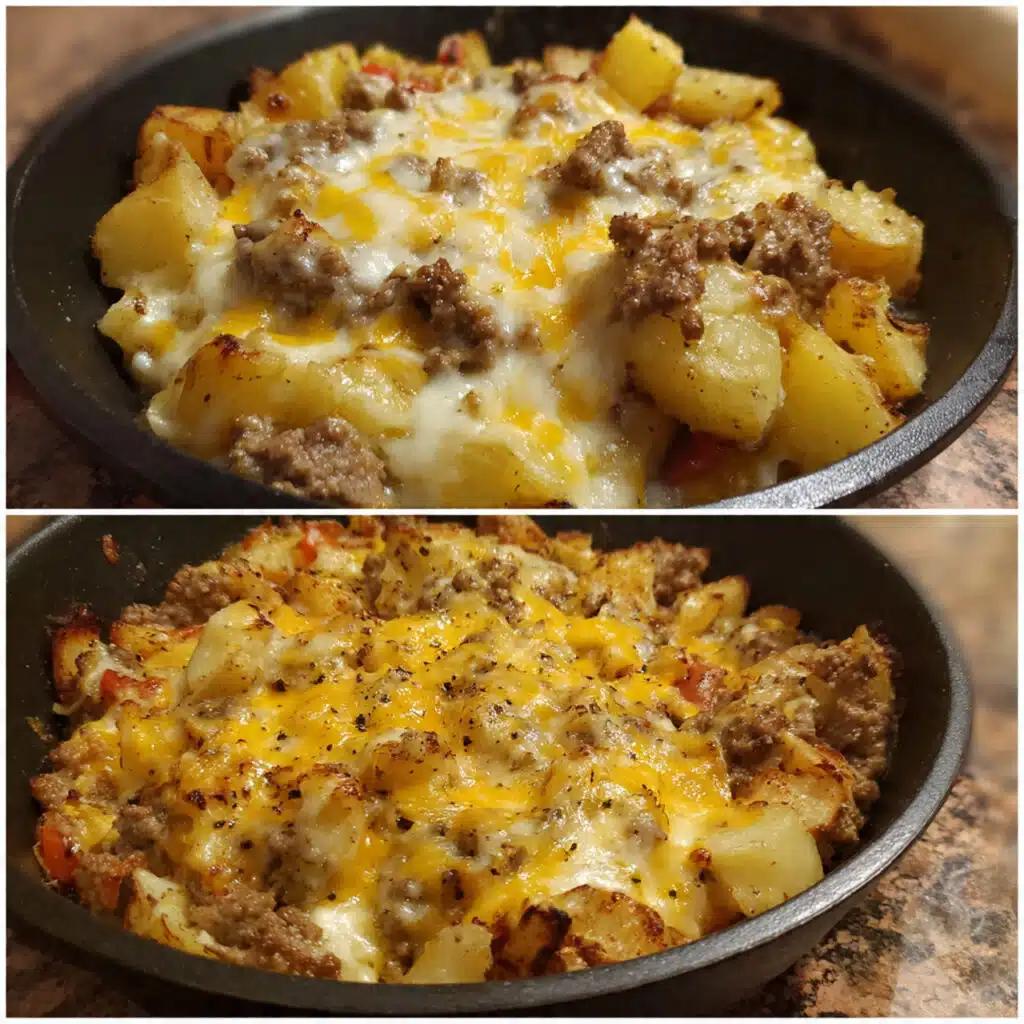 One Pan Cheesy Meat and Potato Skillet 7 One pan cheesy meat and potato skillet with melted cheddar cheese, browned ground beef, crispy potatoes, and colorful bell peppers in a large cast iron skillet