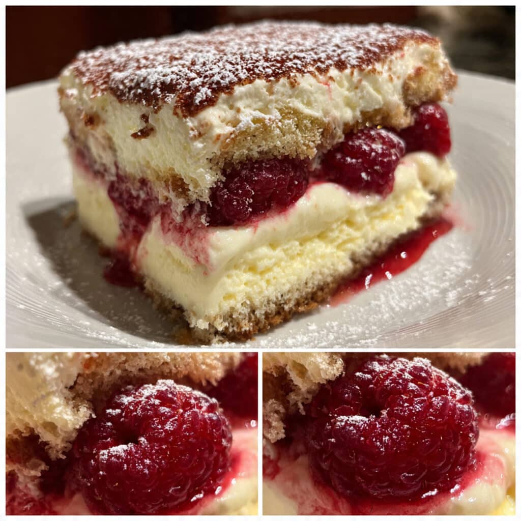 Slice of raspberry tiramisu on a white plate showing distinct layers of pink raspberry jam, cream-soaked ladyfingers, and smooth mascarpone filling