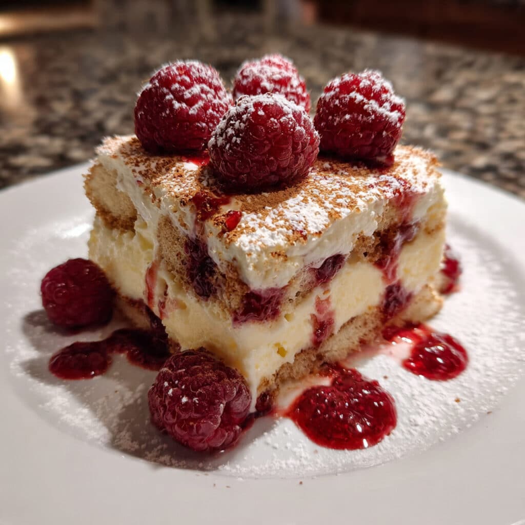 Slice of raspberry tiramisu on a white plate showing distinct layers of pink raspberry jam, cream-soaked ladyfingers, and smooth mascarpone filling