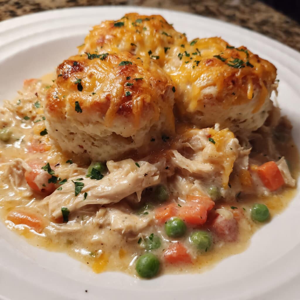 Red Lobster Biscuit Chicken Pot Pie is the ultimate comfort food mashup! Creamy chicken pot pie filling topped with those famous Cheddar Bay biscuits