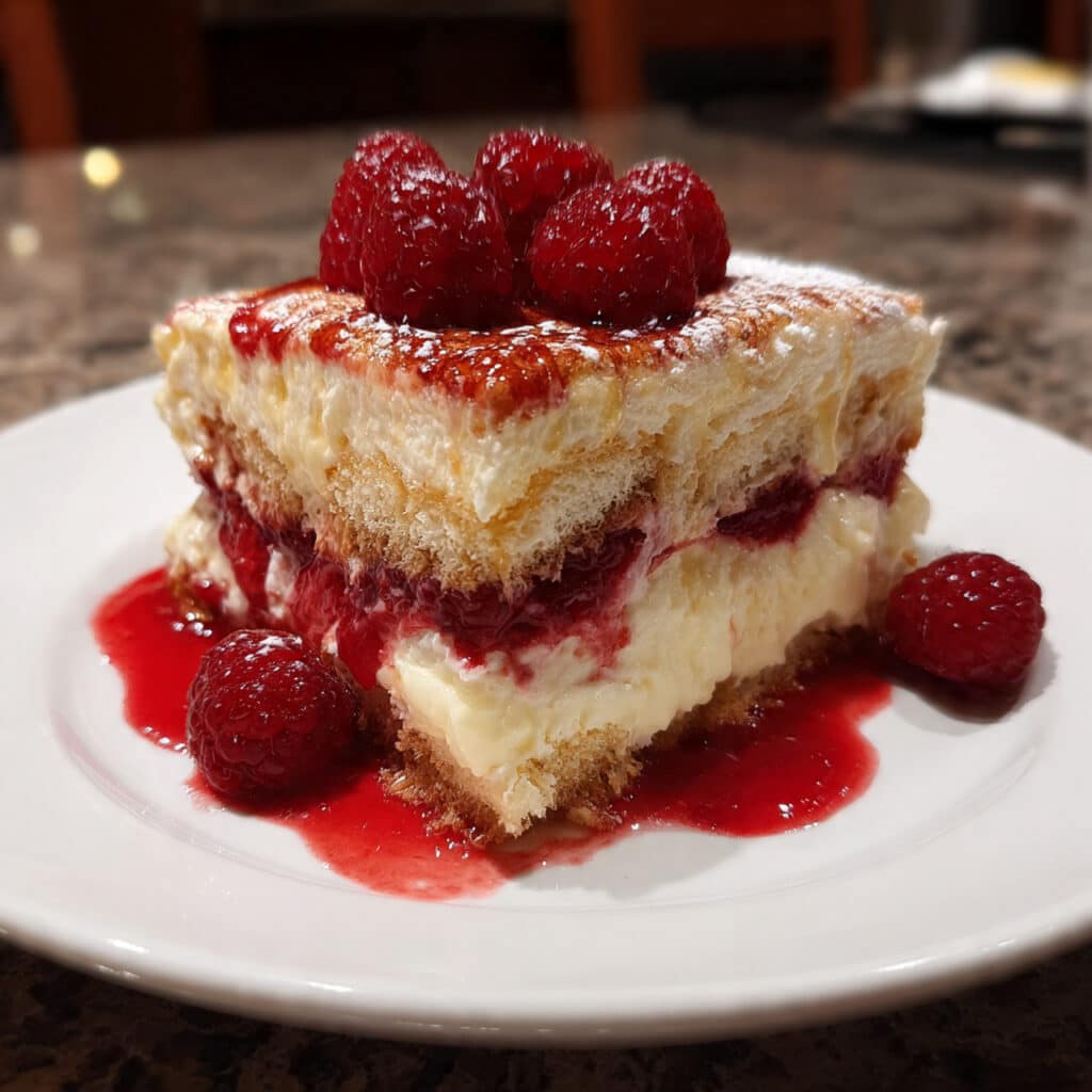 Slice of raspberry tiramisu on a white plate showing distinct layers of pink raspberry jam, cream-soaked ladyfingers, and smooth mascarpone filling