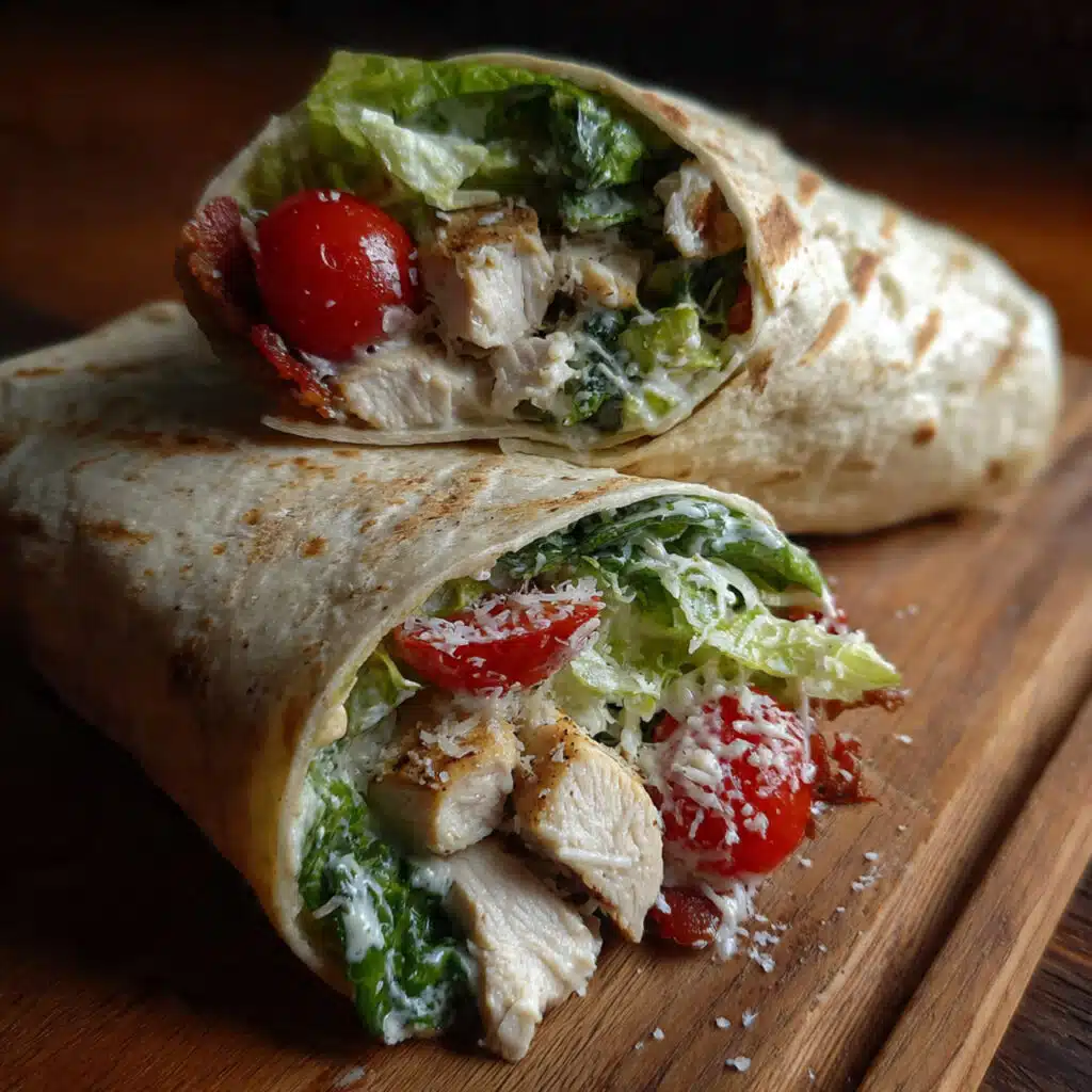 Chicken Caesar Wrap 6 Chicken Caesar wrap cut in half showing layers of chopped romaine lettuce, grilled chicken, cherry tomatoes, parmesan cheese, and croutons wrapped in a flour tortilla with creamy Caesar dressing