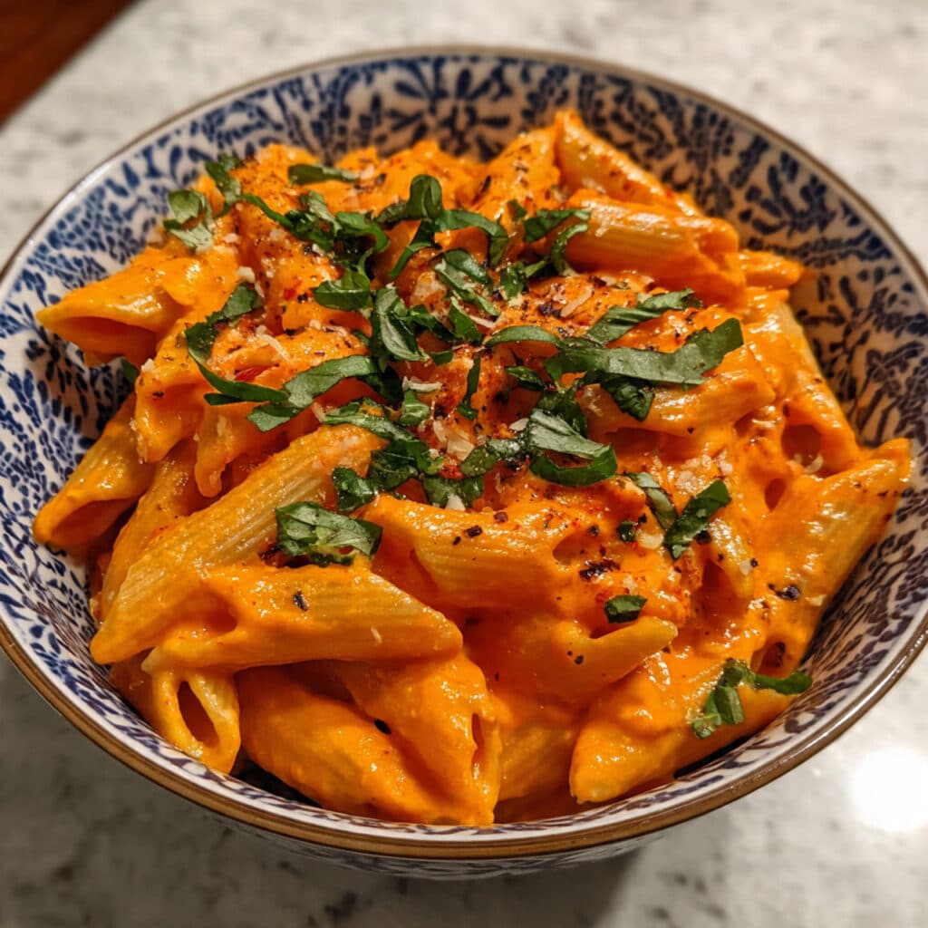 Creamy tomato basil pasta in a white bowl garnished with fresh basil leaves