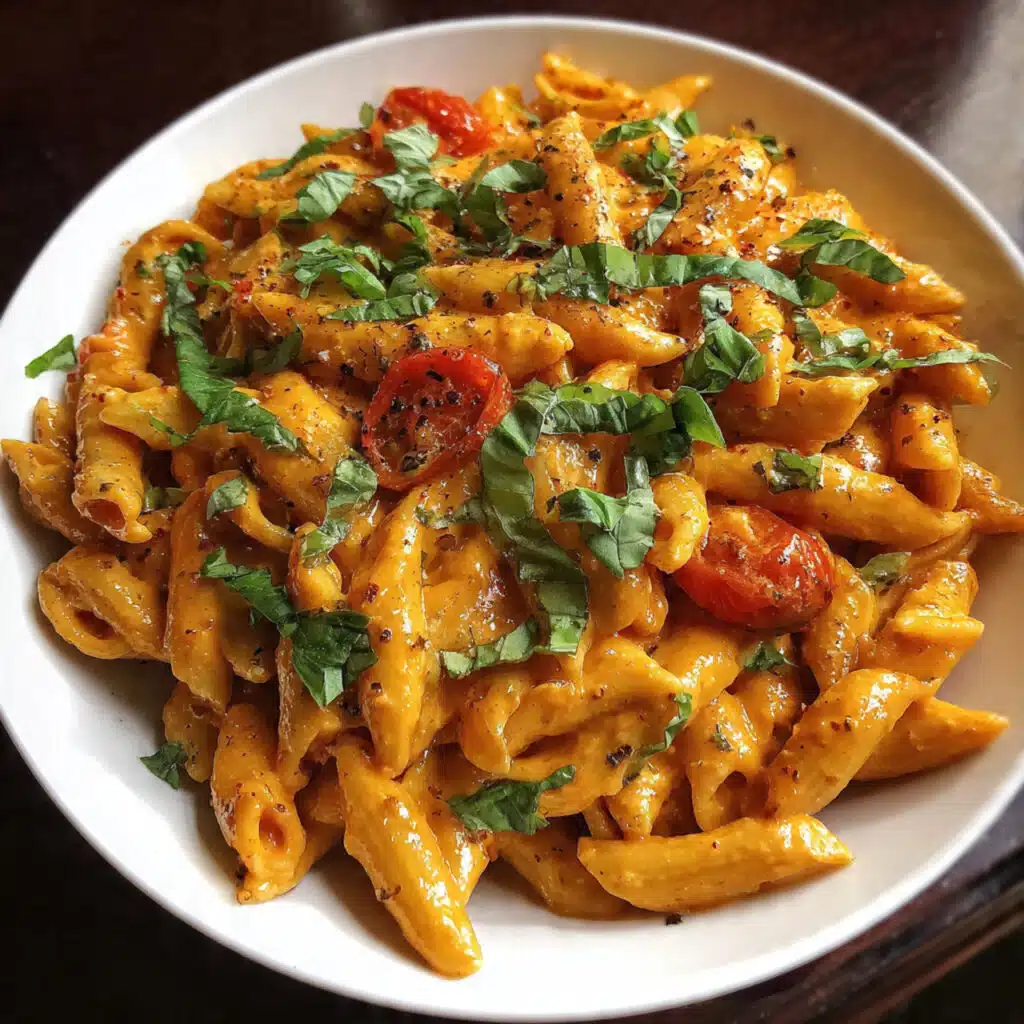 Creamy tomato basil pasta in a white bowl garnished with fresh basil leaves