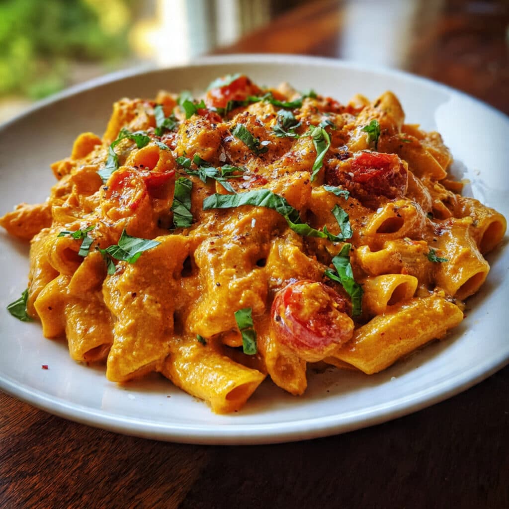 Creamy tomato basil pasta in a white bowl garnished with fresh basil leaves