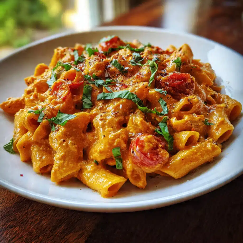 Creamy tomato basil pasta in a white bowl garnished with fresh basil leaves